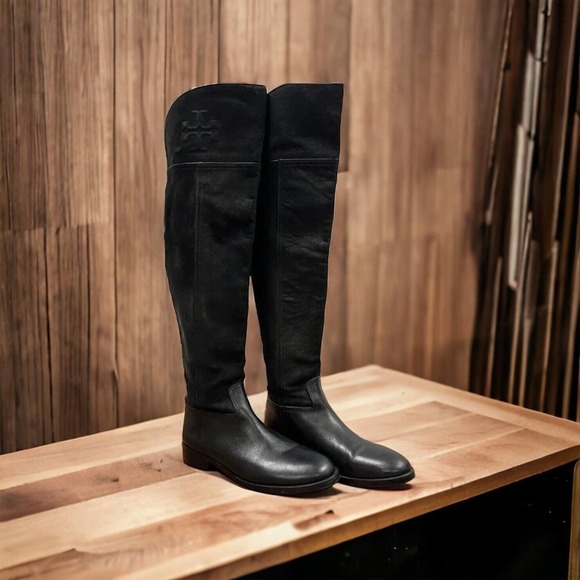TORY Burch Black Simone Tall Over The Knee Riding Boot Leather EUC Sz 6 - Picture 1 of 12